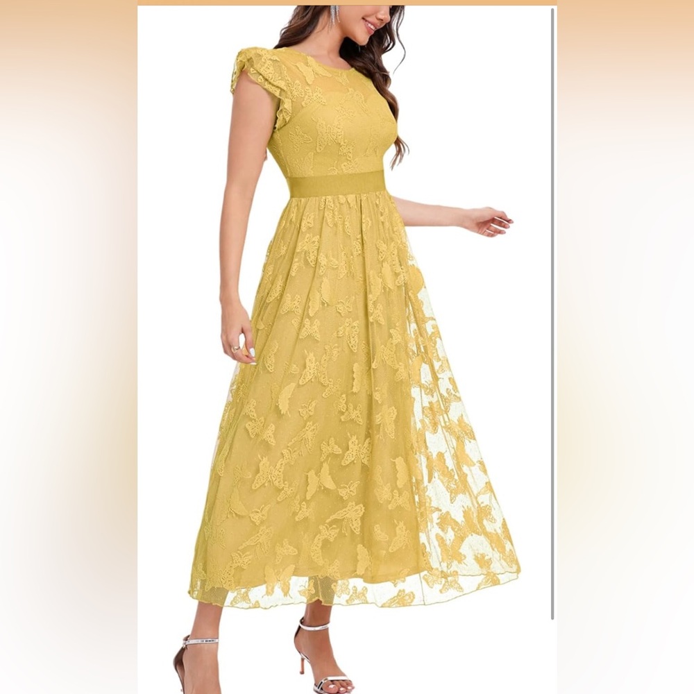 Chic Yellow Lace Full Length Dress